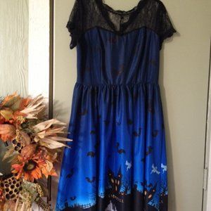 Spooky XL Halloween Dress Blue Black Novelty Ghosts Bats Cats Lace Haunted House